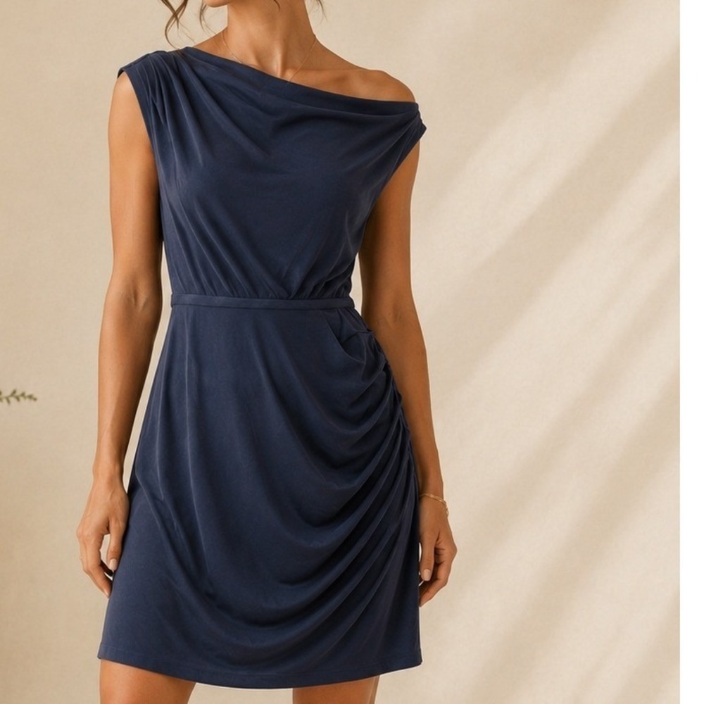 Halston Heritage Twisted Skirt Mini Dress Midnight One Shoulder NWT Minimalist